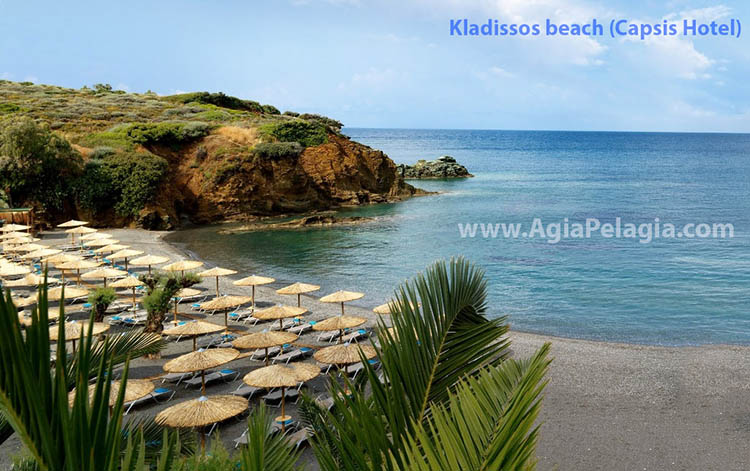 Kladissos beach, the central beach of Out of the Blue Capsis Elite Luxurious Resort Hotel in Agia Pelagia