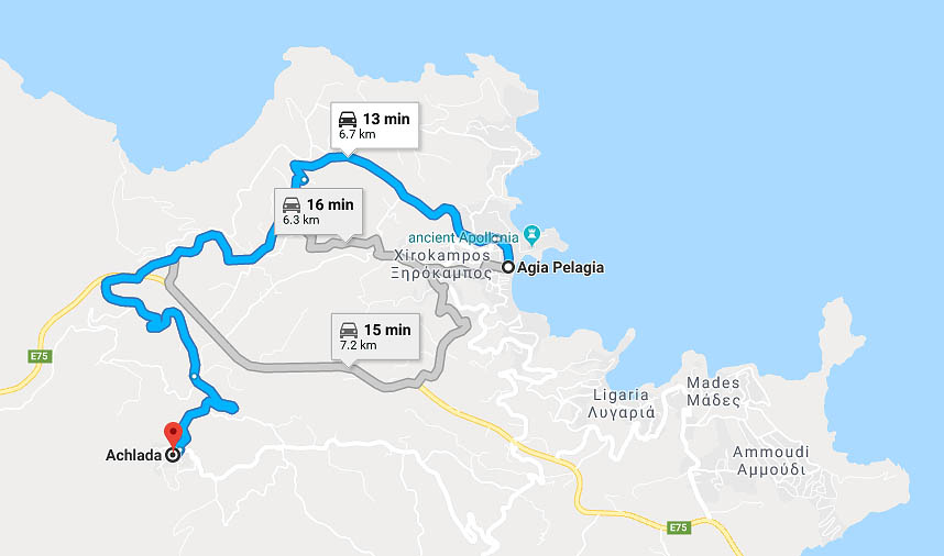 Map - drive to Achlada village from Agia Pelagia village (Google Maps)