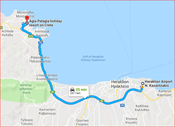 Map - drive to Agia Pelagia from Heraklion International Airport (Google Maps)