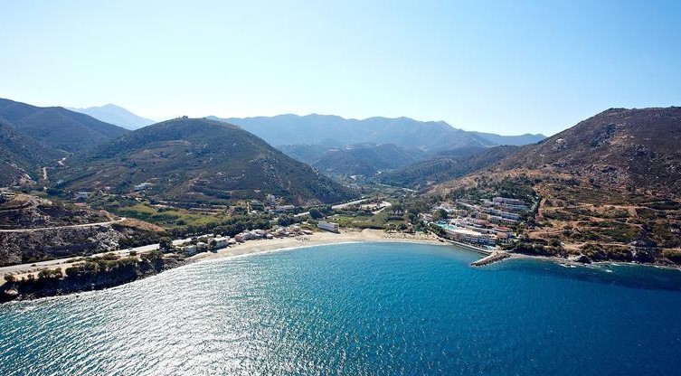 Panoramic Aerial view of the beach of Fodele and the hotel of Fodele Beach