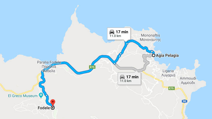 MAP- driving directions - by car from Agia Pelagia village to Fodele village