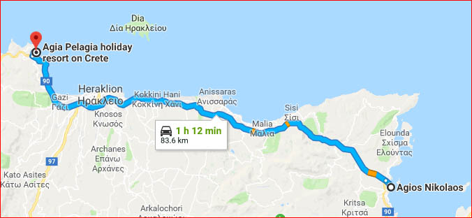 Map - drive to Agia Pelagia from Agios Nikolaos (Google Maps)
