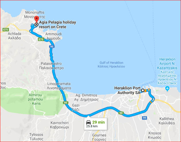 Map - drive to Agia Pelagia from Heraklion Port (Google Maps)