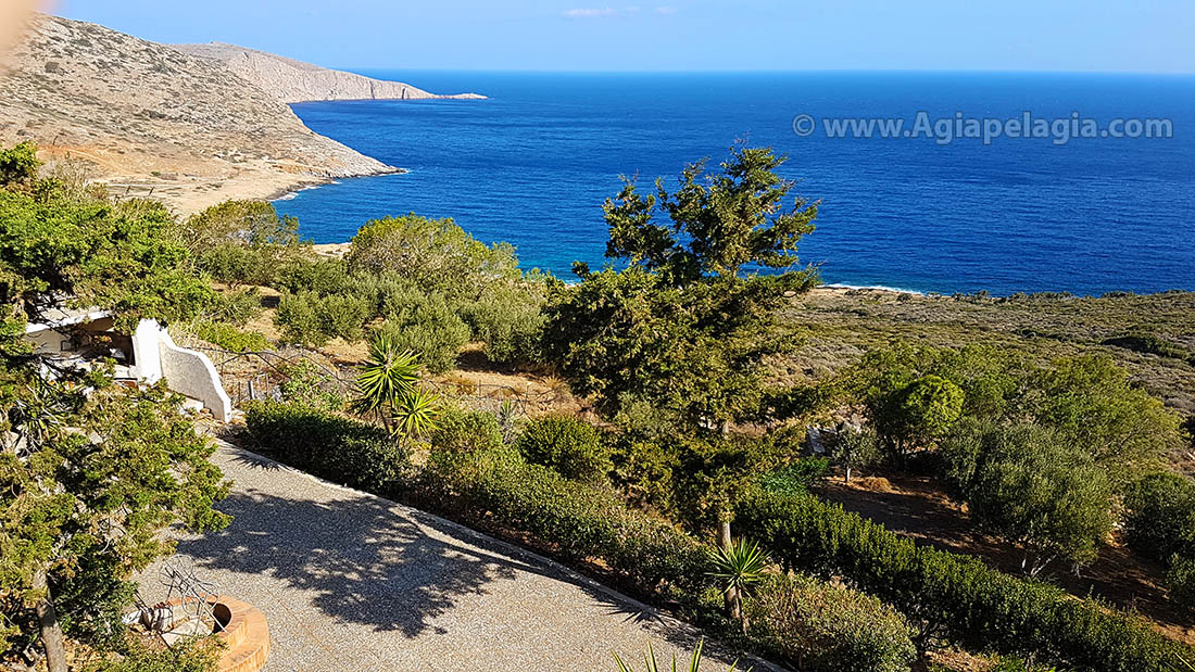 Villa property for sale by the owner in Agia Pelagia Crete - outside view to the garden and the Cretan sea
